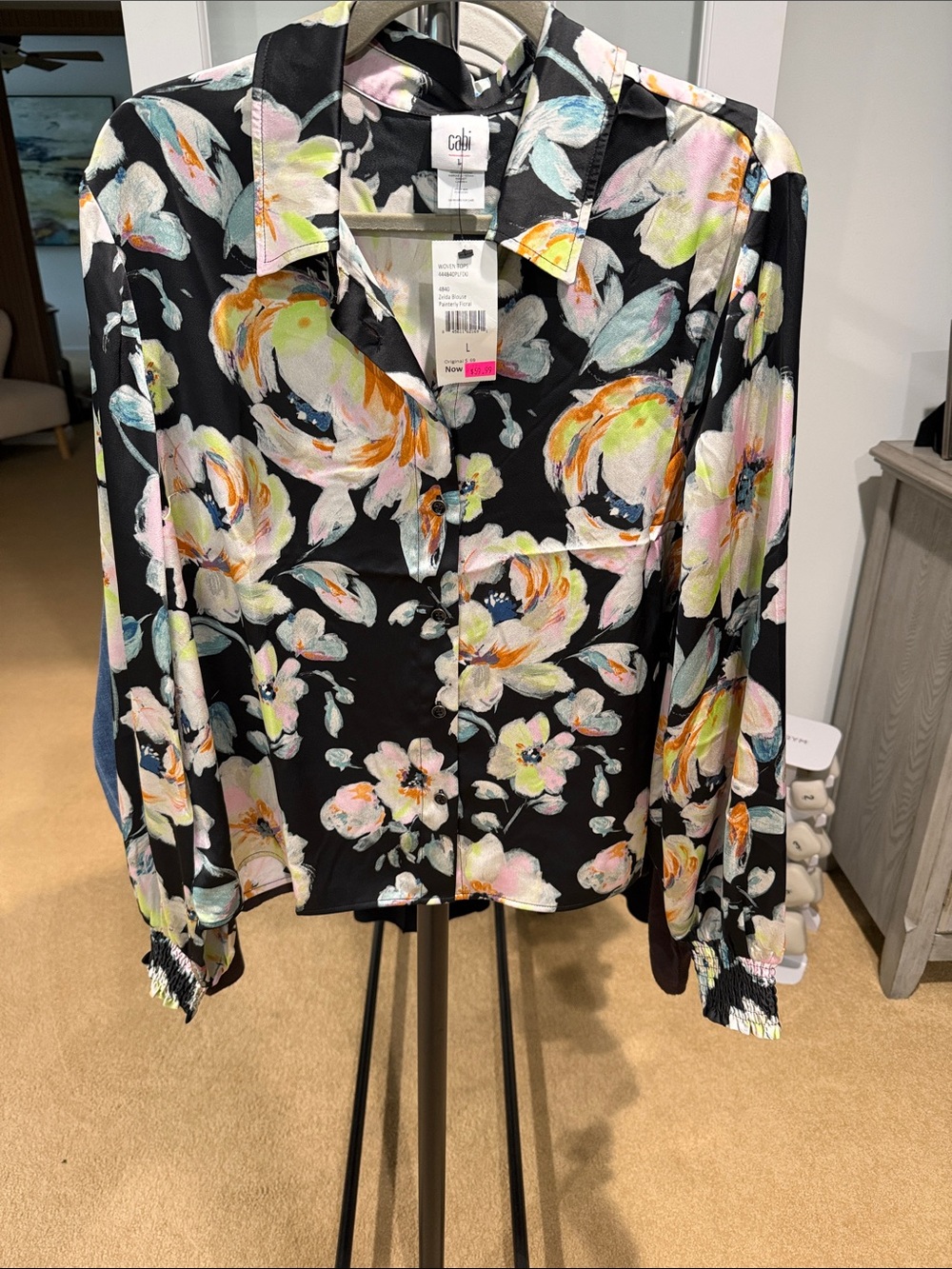 CAbi 4840 Zelda Blouse Black Floral Button-Down Blouse with Pastel Accents